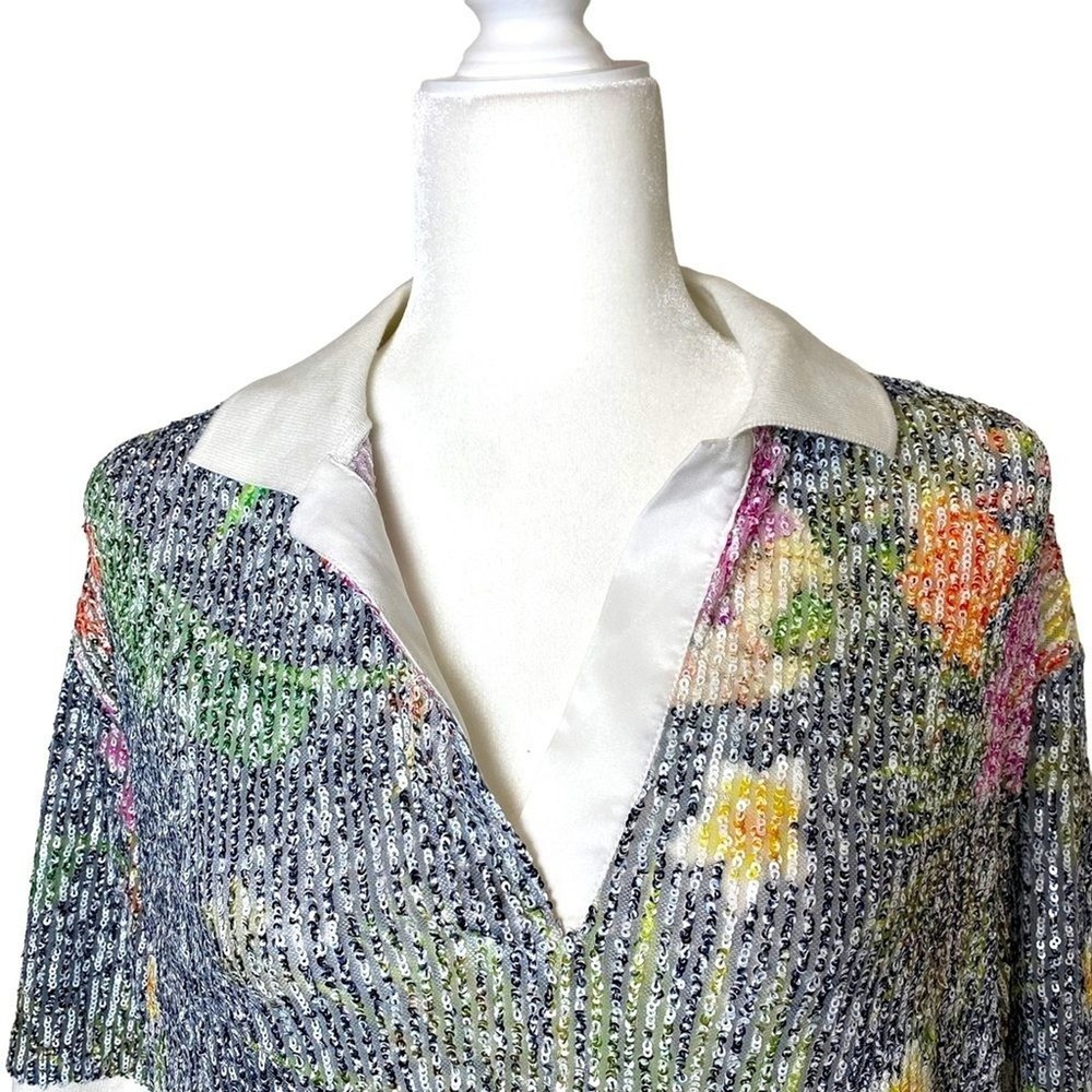 In The Mood For Love Sequin Floral Crop Top Linen Silk Boxy Collared L - Picture 3 of 16